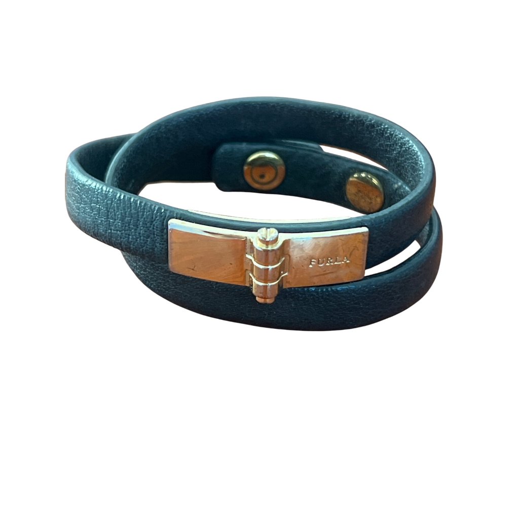Furla Gray Leather Double Wrap Bracelet Gold Tone Hardware Italy 6